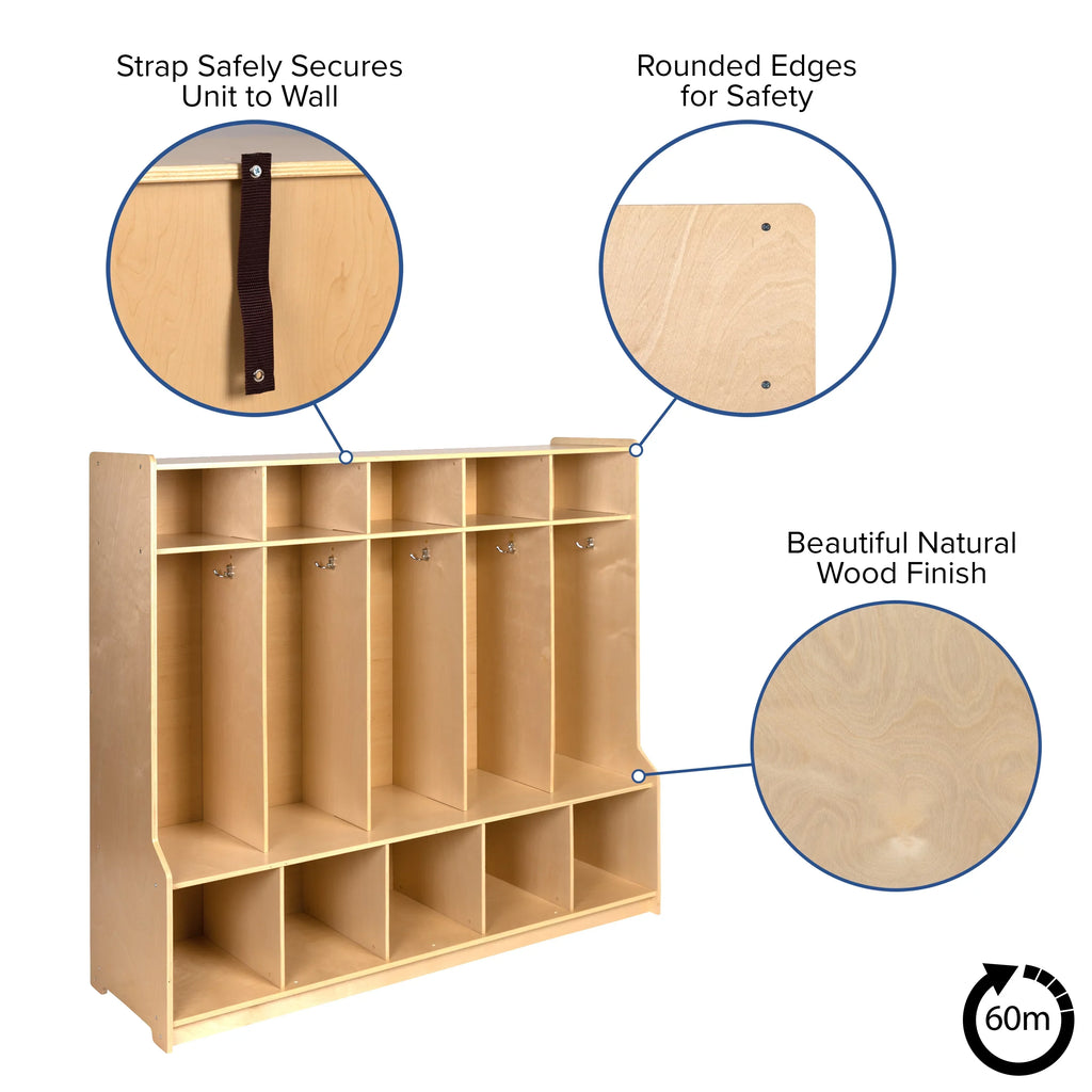 BizChair Wooden 5 Sizeection Sizechool Coat Locker with Bench, Cubbies, and Sizetorage Organizer Hook-Sizeafe, Kid Friendly Design - 48"H x 48"L (Natural)