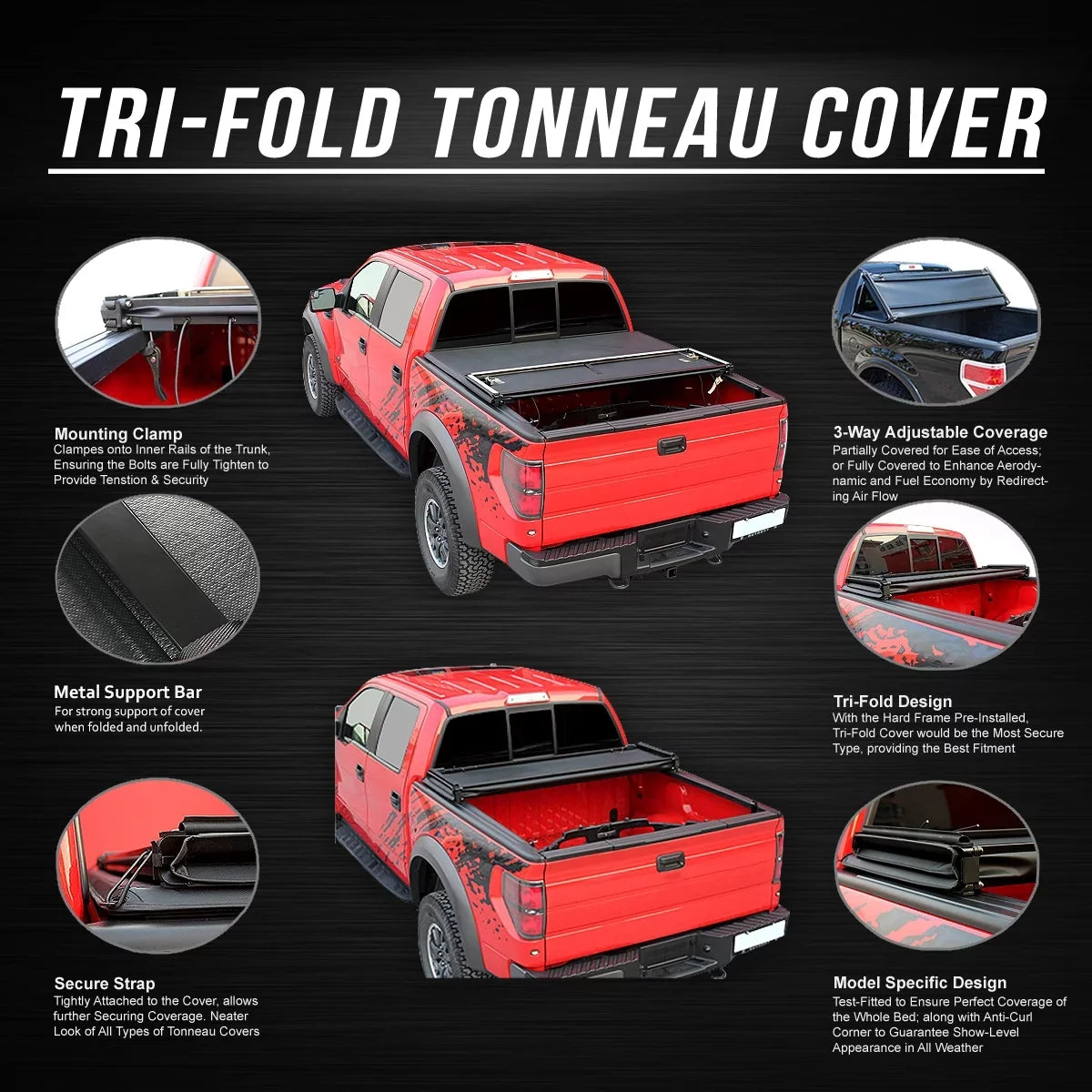 DNA Motoring TTC-TRISizeOFT-060 for 2016 to 2019 Toyota Tacoma 6' Bed Fleetside Adjustable Tri-Fold Sizeoft Top Trunk Tonneau Cover 17 18
