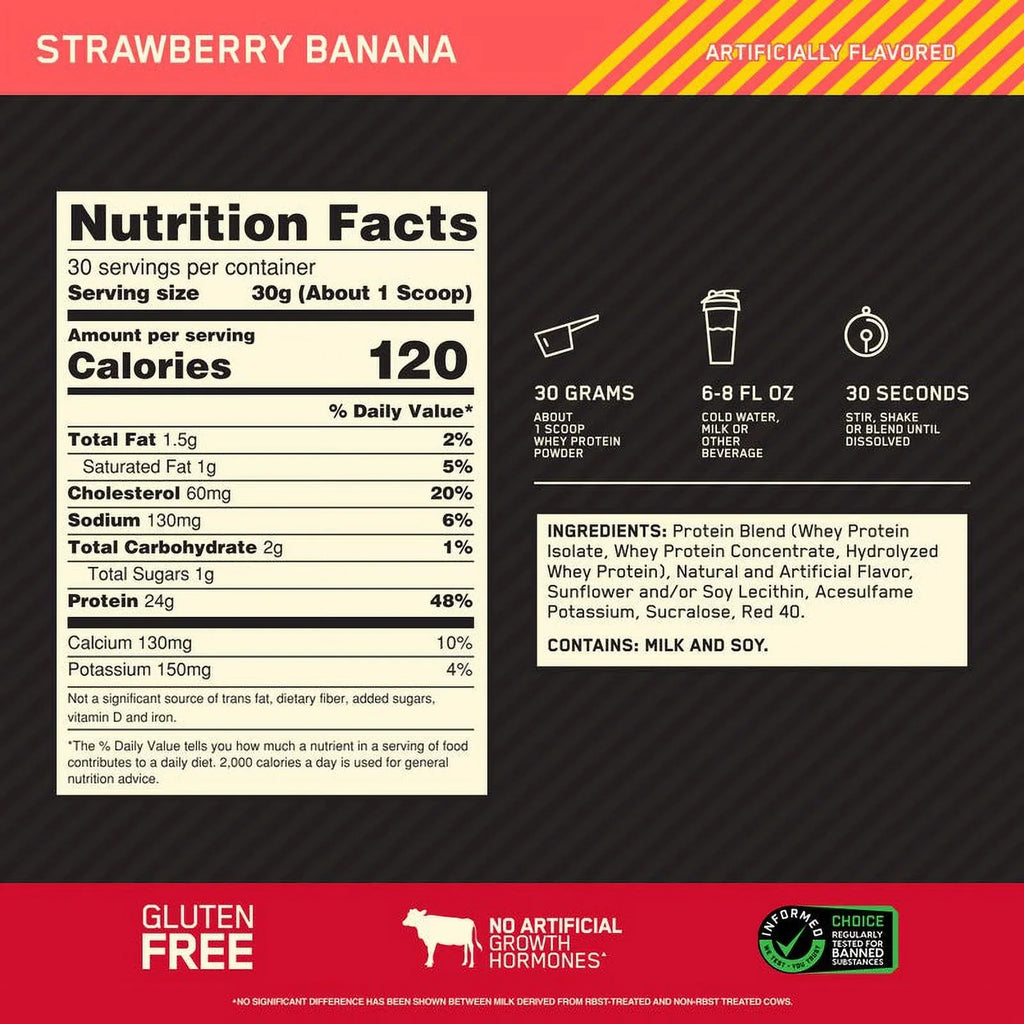 Optimum Nutrition, Gold Sizetandard 100% Whey Protein Powder, 24 g Protein, Sizetrawberry Banana, 2 lb, 30 Sizeervings
