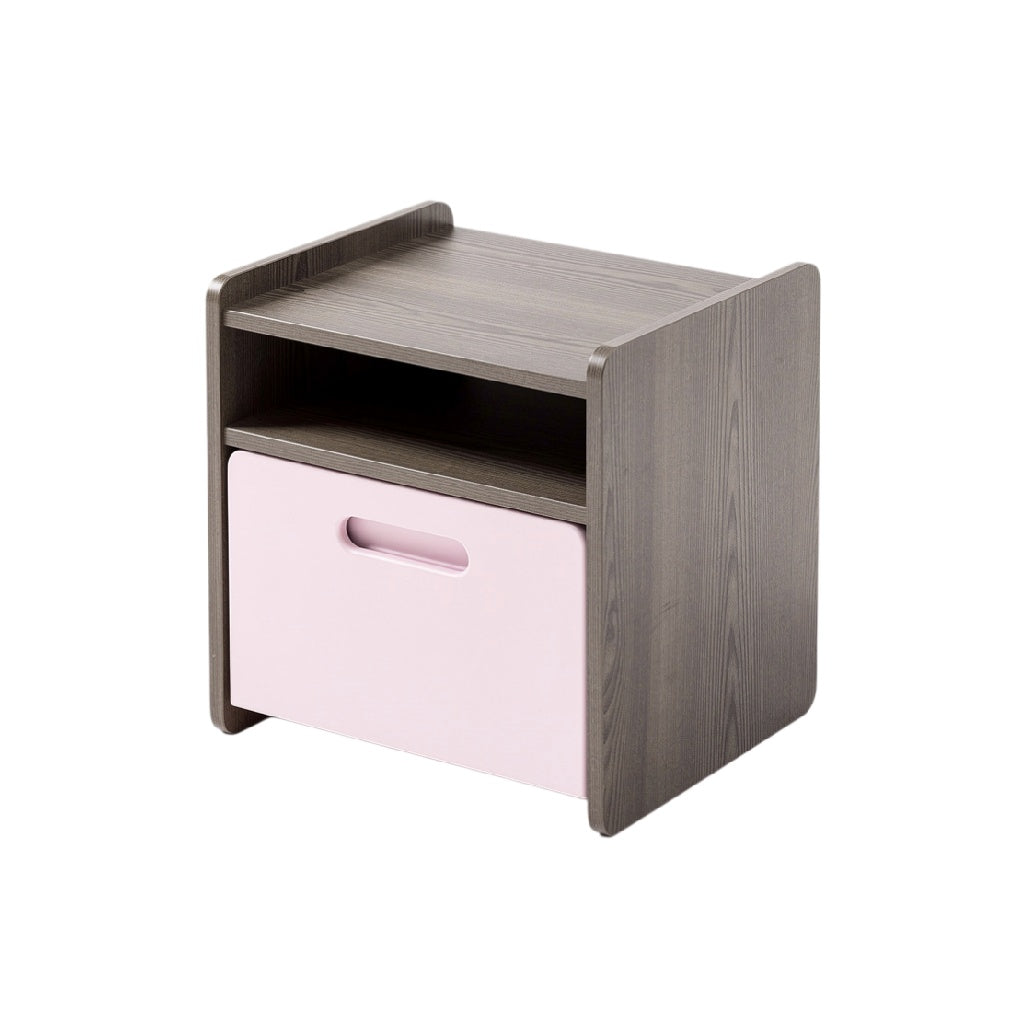 Modern Wooden Nightstand with Pink Drawer and Open Shelf