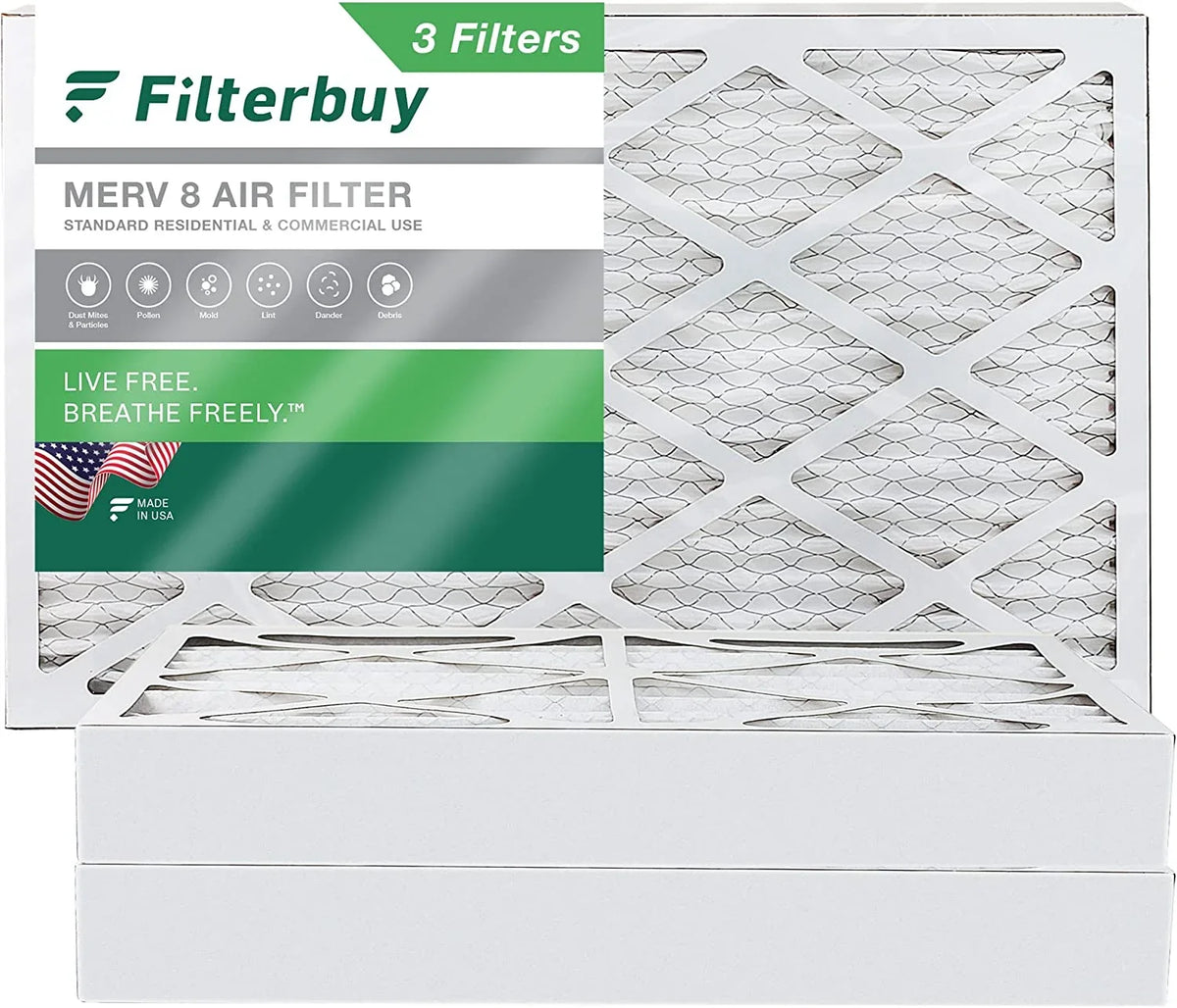 Filterbuy 8x20x4 MERV 8 Pleated HVAC AC Furnace Air Filters (3-Pack)