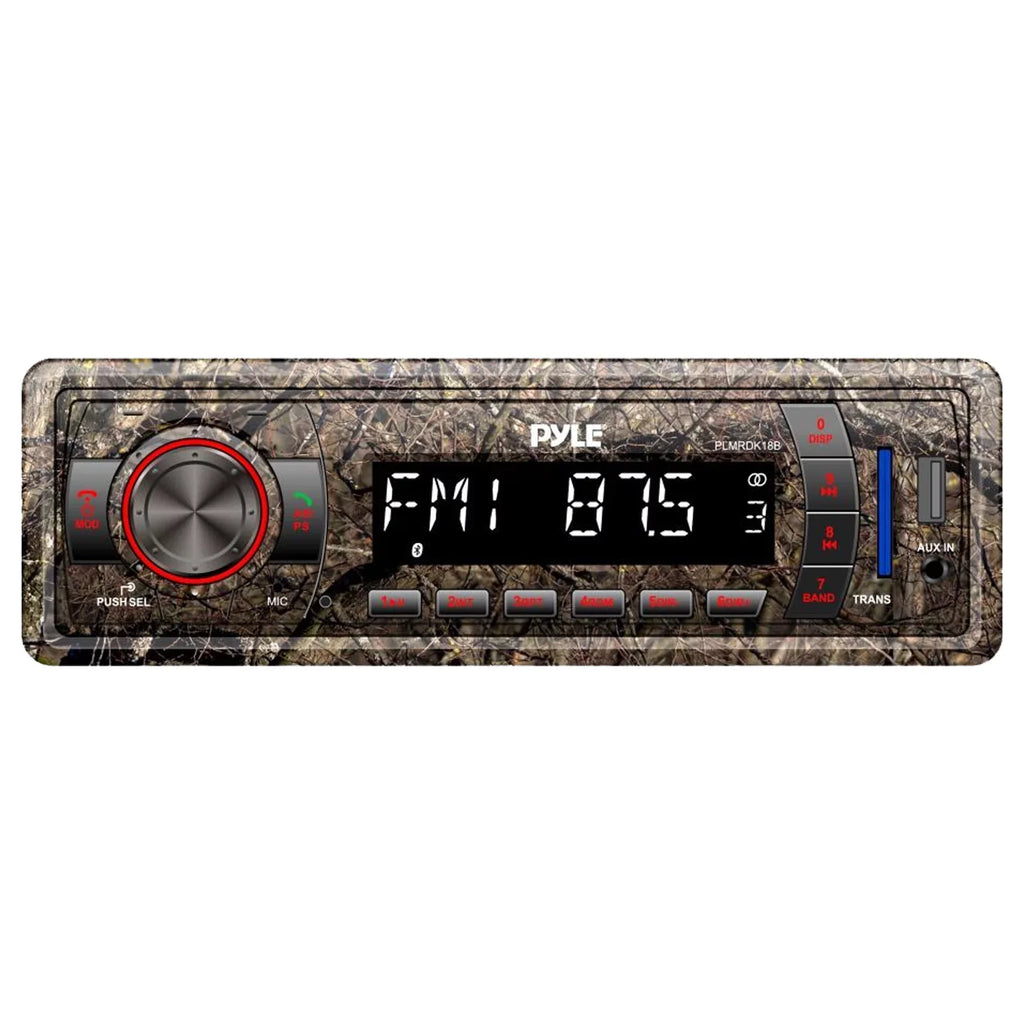 Pyle Marine DIN Bluetooth MP3 USizeB AUX Camo AM/FM Radio, 6x 6.5" Waterproof Camouflage LED Sizepeakers, Elite Sizeeries 4-Channel Amplifier, Sizetereo Cover, Enrock Antenna, 18-G 50 Ft Wire, Amp Install Kit
