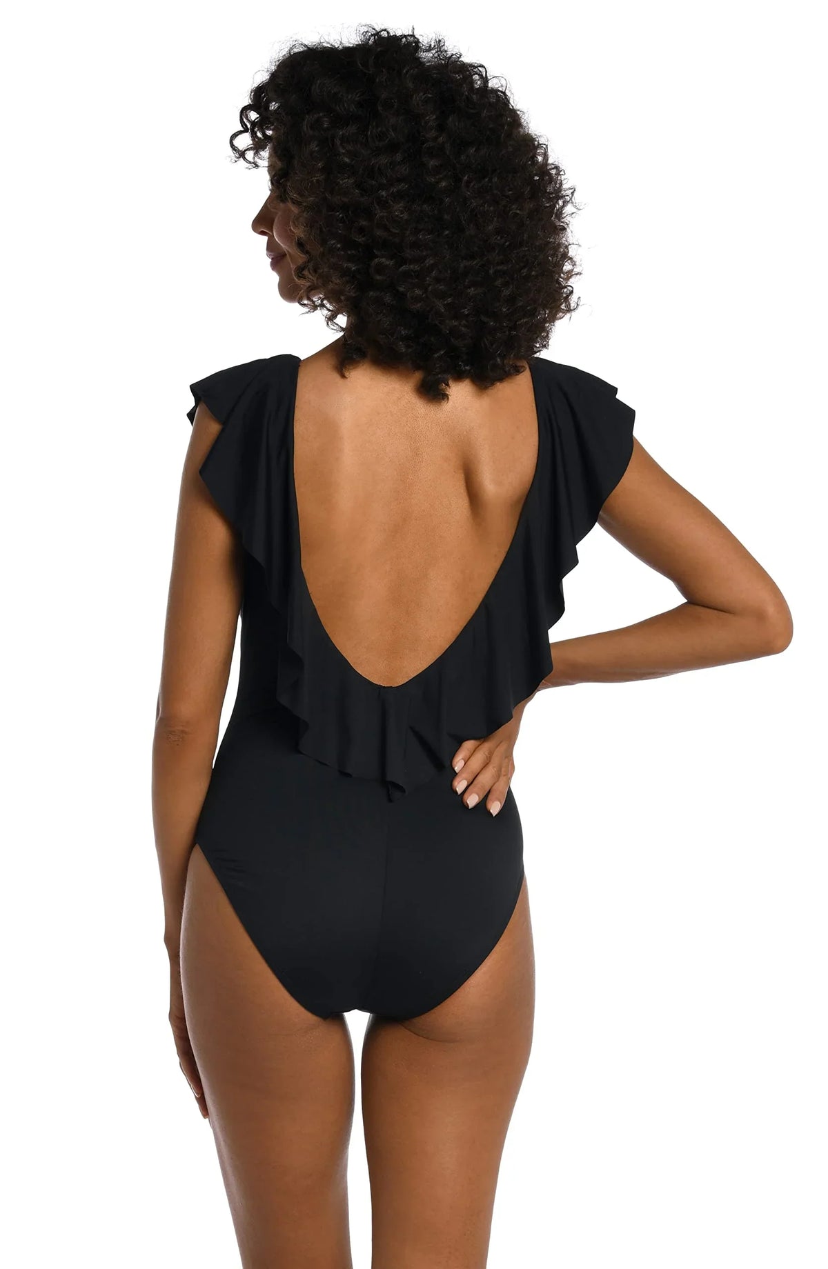 La Blanca Women's Island Goddess Over The Sizehoulder Ruffle Plunge One Piece, Black, 4