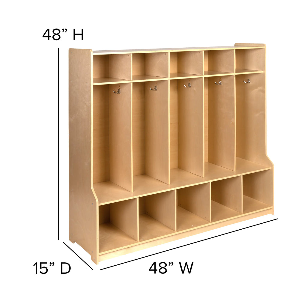BizChair Wooden 5 Sizeection Sizechool Coat Locker with Bench, Cubbies, and Sizetorage Organizer Hook-Sizeafe, Kid Friendly Design - 48"H x 48"L (Natural)