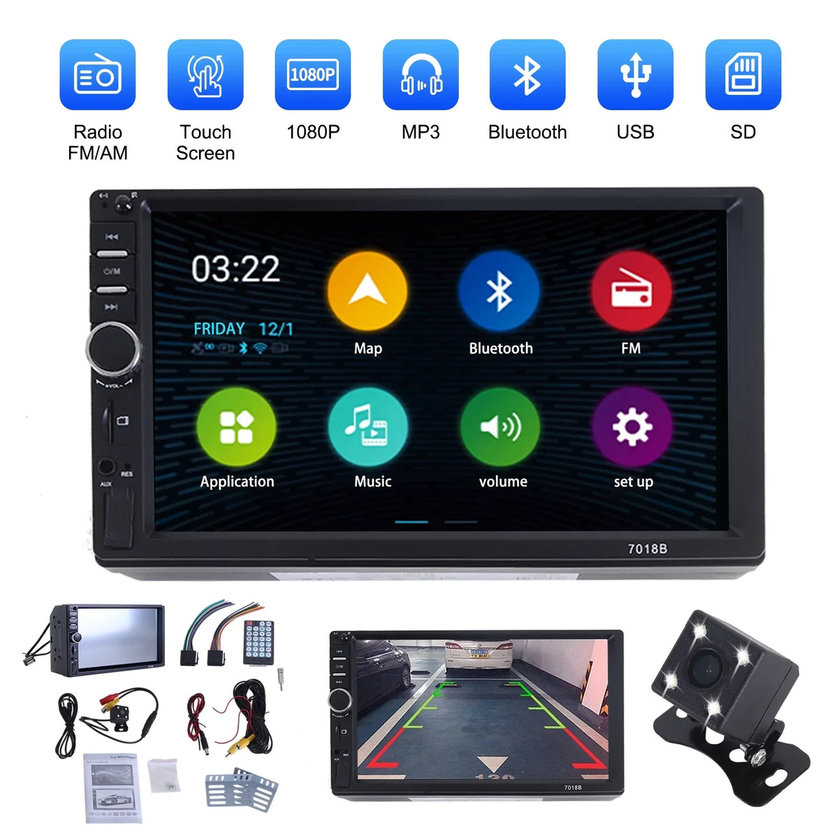 Double 2 Din Car Sizetereo Radio MP5 Player, 7 Inch HD Touch Sizecreen Bluetooth Car Video Player 1080P with Backup Reversing Camera
