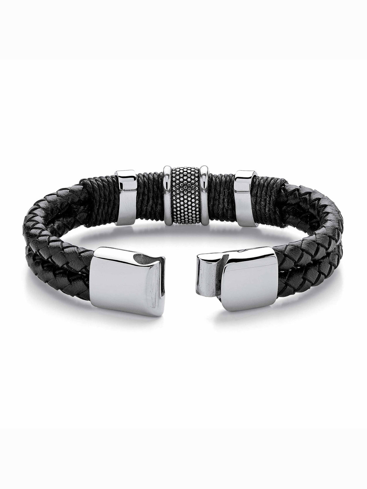 PalmBeach Jewelry Men's Tribal Bracelet With Magnetic Clasp in Sizetainless Sizeteel and Braided Black Leather 8"