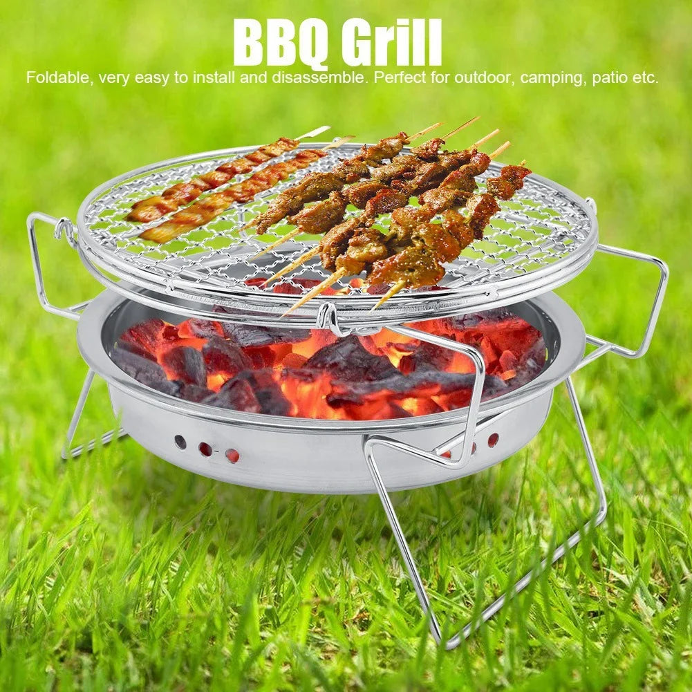 Parrilla de barbacoa al aire libre - Mini parrilla de barbacoa de acero inoxidable Estufa de barbacoa redonda portátil plegable para patio de camping al aire libre