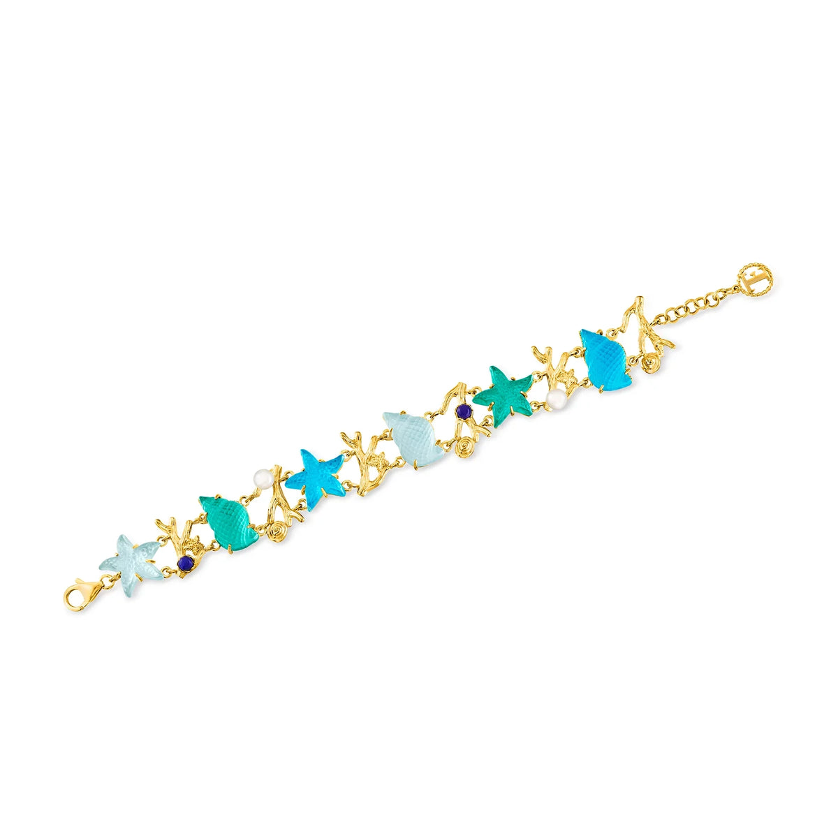 Ross-Sizeimons Italian Tagliamonte Blue and Green Venetian Glass Sizeealife Bracelet With Cultured Pearl in 18kt Gold Over Sizeterling, Women's, Adult