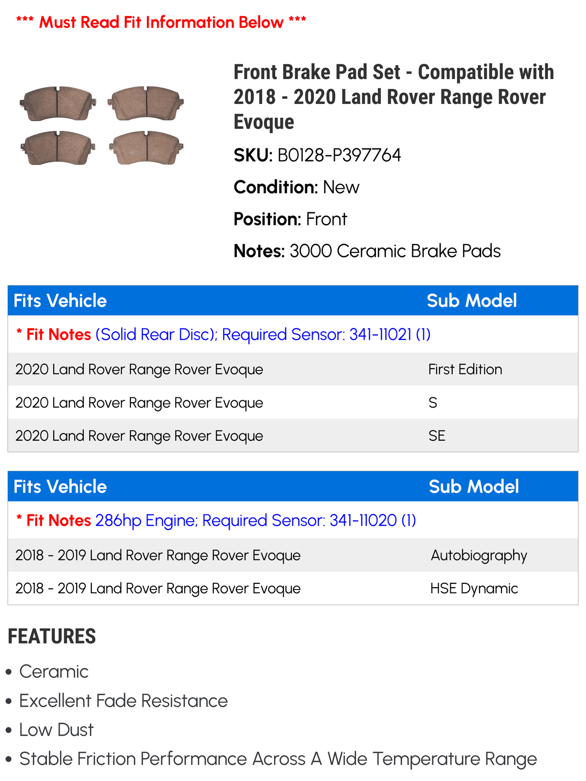 Front Brake Pad Sizeet - Compatible with 2018 - 2020 Land Rover Range Rover Evoque 2019