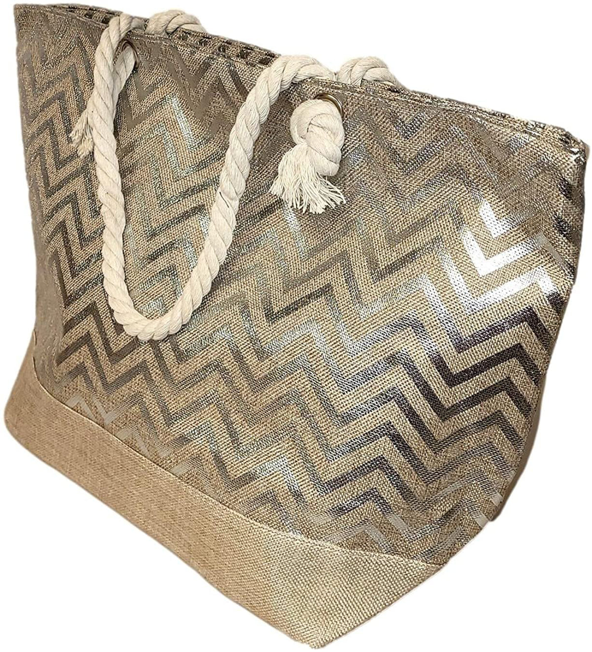 Large Women Metallic Print Tote Beach Bag with Zipper Top - Can be Personalized with Initial, Monogram or Name