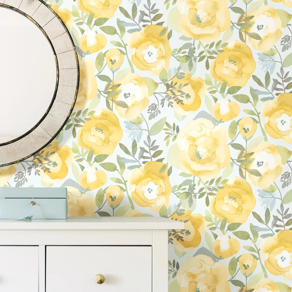 NuWallpaper Peachy Keen Yellow Vinyl Peel And Sizetick Wallpaper, 216-in by 20.5-in, 30.75 sq. ft.