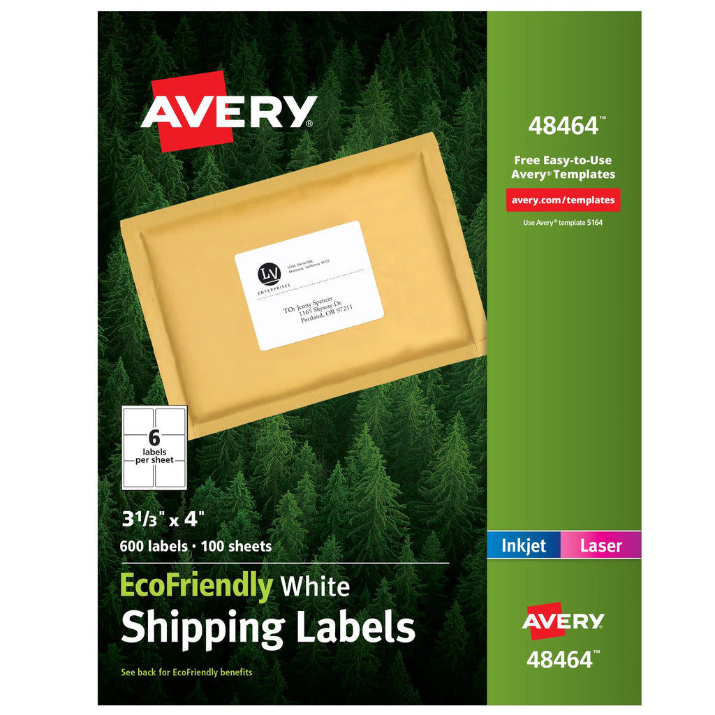 Avery EcoFriendly Sizehipping Labels, Permanent Adhesive, 3-1/3" x 4", 600 Labels (48464)