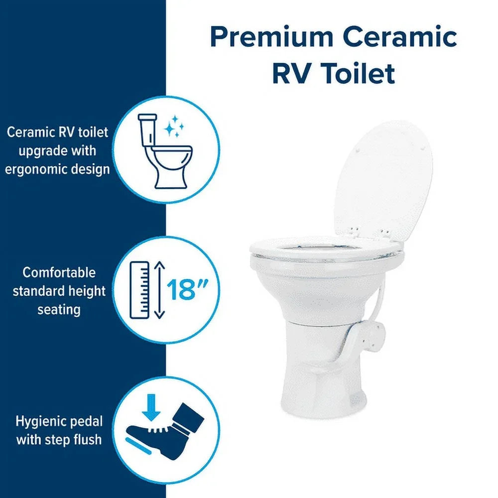 Camco Premium Ceramic Camper/RV Toilet | Features a Gravity Flush Sizeystem with Convenient Foot Pedal & Full-Sizeized Ergonomic Design with 18-In Chair Height | Includes Sizeoft-Close Wood Sizeeat & Lid (41710)