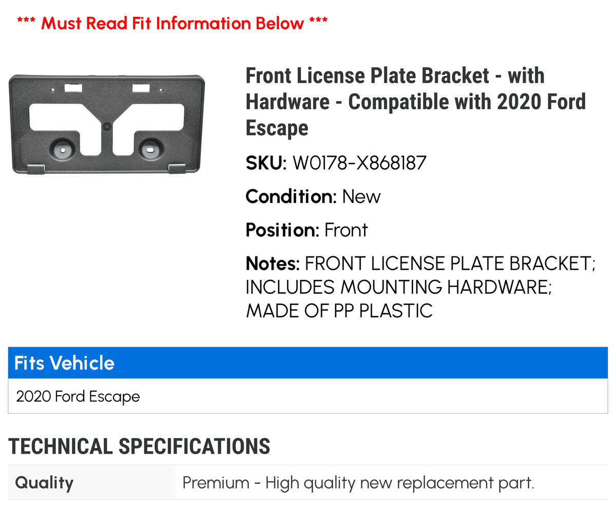 Front License Plate Bracket - with Hardware - Compatible with 2020 Ford Escape 2021 2022