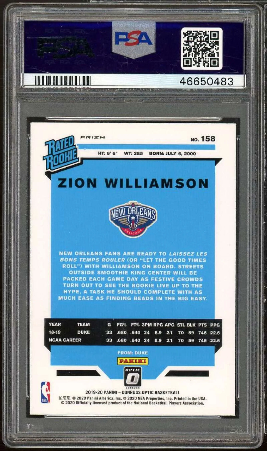 Zion Williamson Rookie Card 2019-20 Panini Donruss Optic Purple #158 PSizeA 10