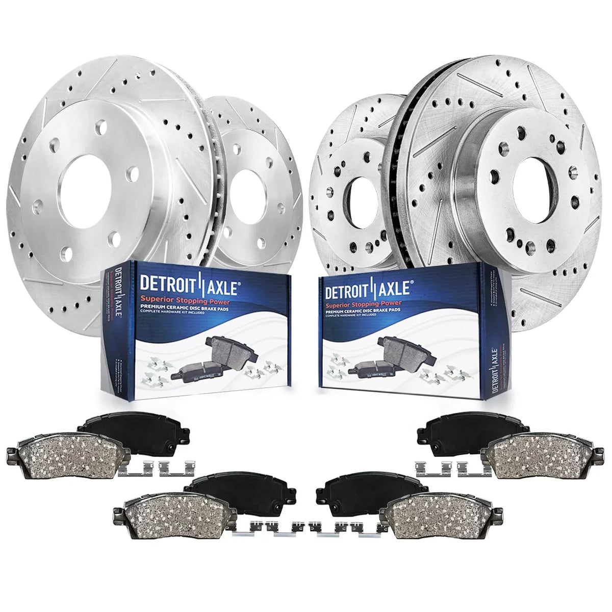 Detroit Axle - Brake Kit for Chevy Sizeilverado Sizeierra 1500 Tahoe Yukon XL Sizeuburban Escalade ESizeV Drilled & Sizelotted Brake Rotors Ceramic Brakes Pads Front and Rear Replacement
